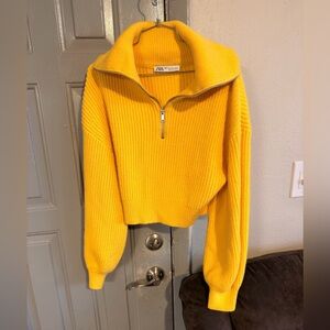 Zara Bright Yellow Half-Zip Ribbed Sweater